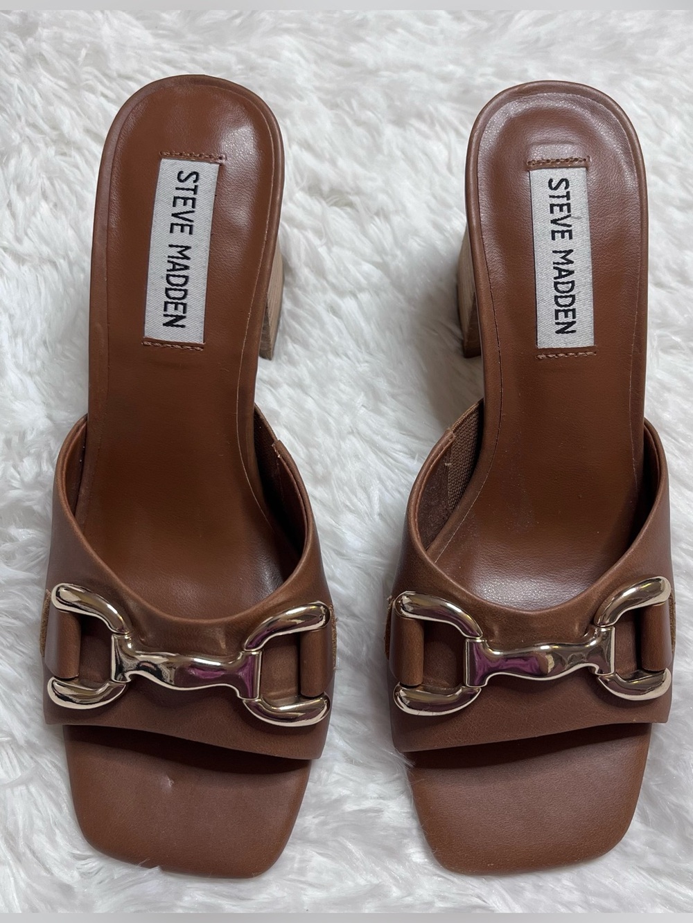 Steve Madden Brown Leather Mule Sandals with Gold Hardware